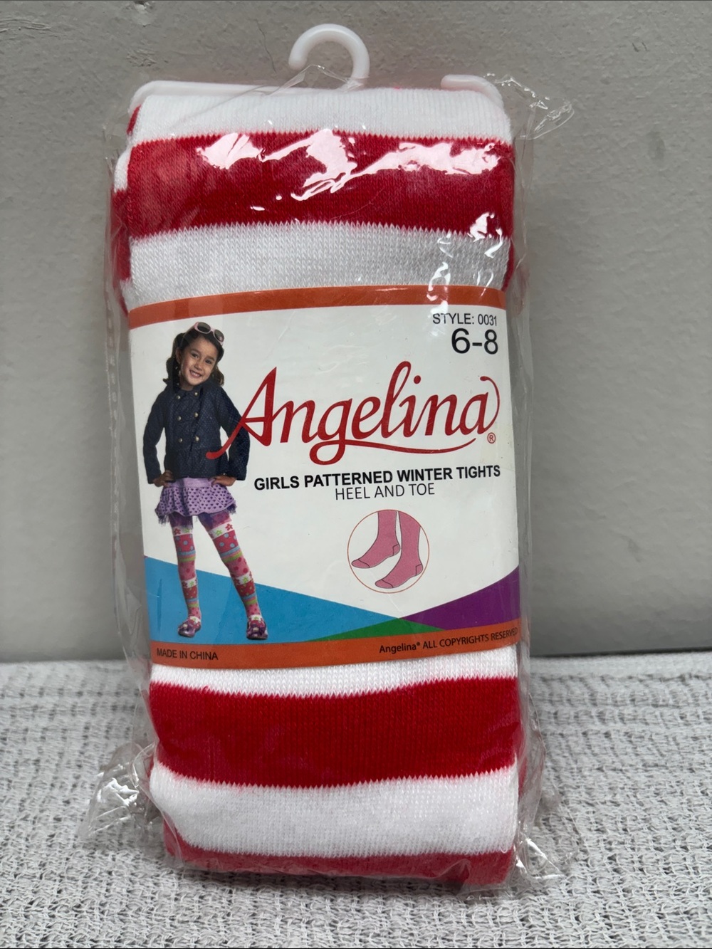 Angelina Girls' Red and White Striped Winter Tights, Size 6-8